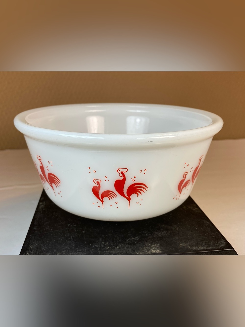 1950’s Hazel Atlas Milk Glass Red Roosters Mixing Bowl